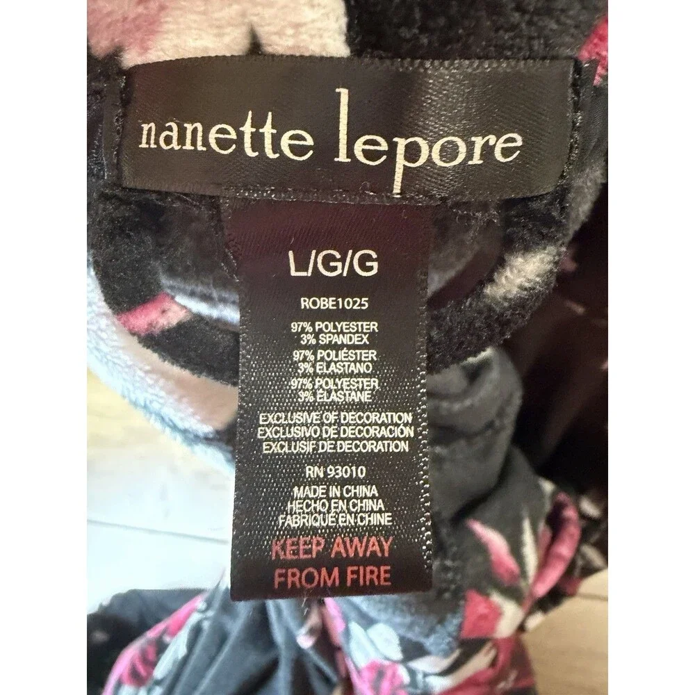 Nanette Lepore Floral Plush Bath Robe Women’s Large Black Pink